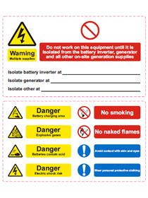 Customark battery hazard label pack (BAT-HAZ1 DC supply voltage labels + BAT-HAZ2 general battery warning sign)