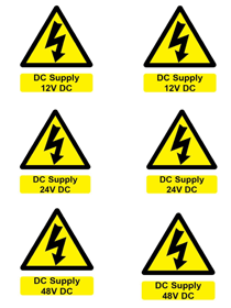Customark battery hazard label pack (BAT-HAZ1 DC supply voltage labels + BAT-HAZ2 general battery warning sign)