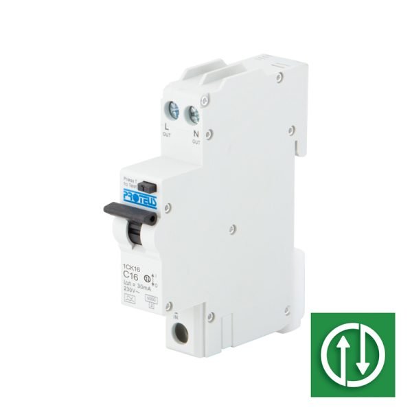 Proteus 1CK16 - 16A 1 Module DP Bidirectional Compact RCBO, 6kA, C Curve, 30mA, Type A